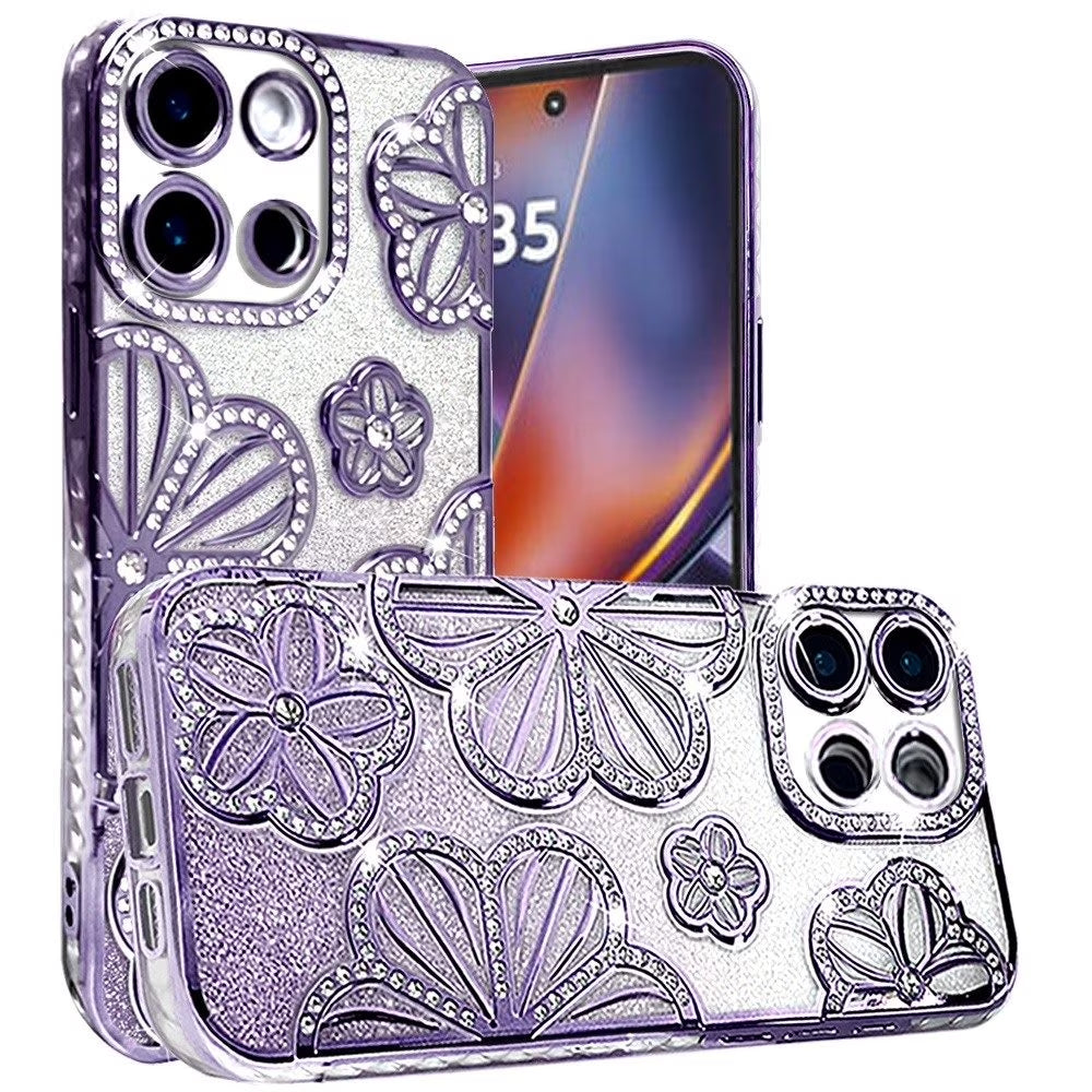 For Motorola Moto G Stylus 5G 2025 Luxury Flower Design Sparkle Glitter Diamond Rhinestone Shimmer Bling Plating Thick TPU Hard PC Cover, XPM Phone Case [Flower Purple]