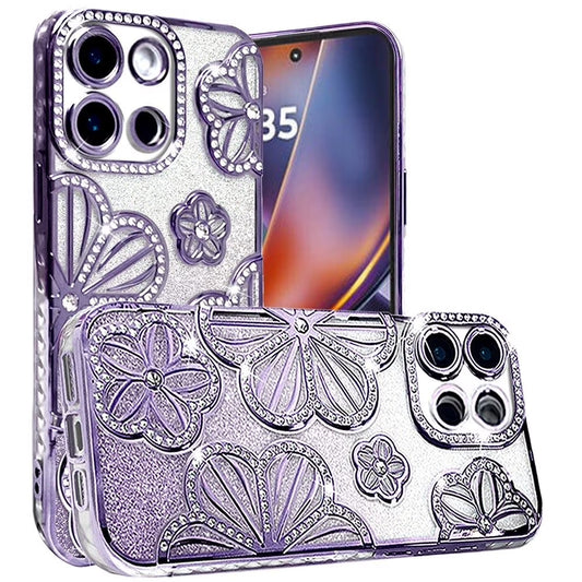 For Motorola Moto G Stylus 5G 2025 Luxury Flower Design Sparkle Glitter Diamond Rhinestone Shimmer Bling Plating Thick TPU Hard PC Cover, XPM Phone Case [Flower Purple]