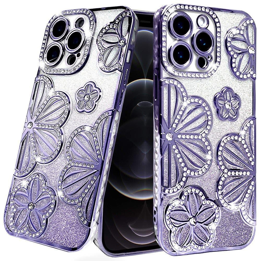 For Motorola Moto G Stylus 5G 2025 Luxury Flower Design Sparkle Glitter Diamond Rhinestone Shimmer Bling Plating Thick TPU Hard PC Cover, XPM Phone Case [Flower Purple]