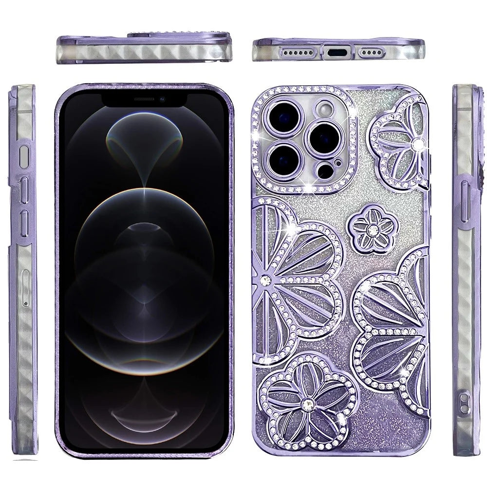For Motorola Moto G Stylus 5G 2025 Luxury Flower Design Sparkle Glitter Diamond Rhinestone Shimmer Bling Plating Thick TPU Hard PC Cover, XPM Phone Case [Flower Purple]