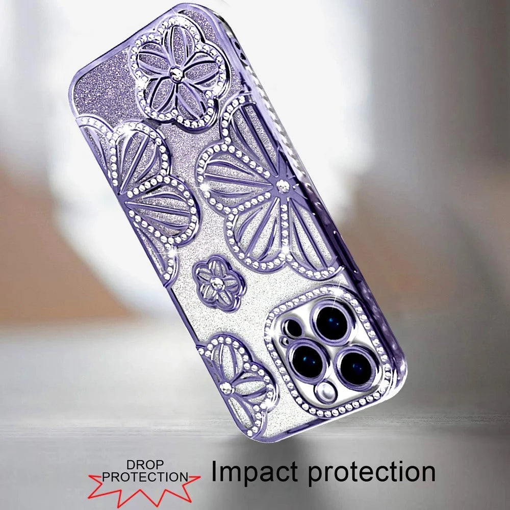 For Motorola Moto G Stylus 5G 2025 Luxury Flower Design Sparkle Glitter Diamond Rhinestone Shimmer Bling Plating Thick TPU Hard PC Cover, XPM Phone Case [Flower Purple]