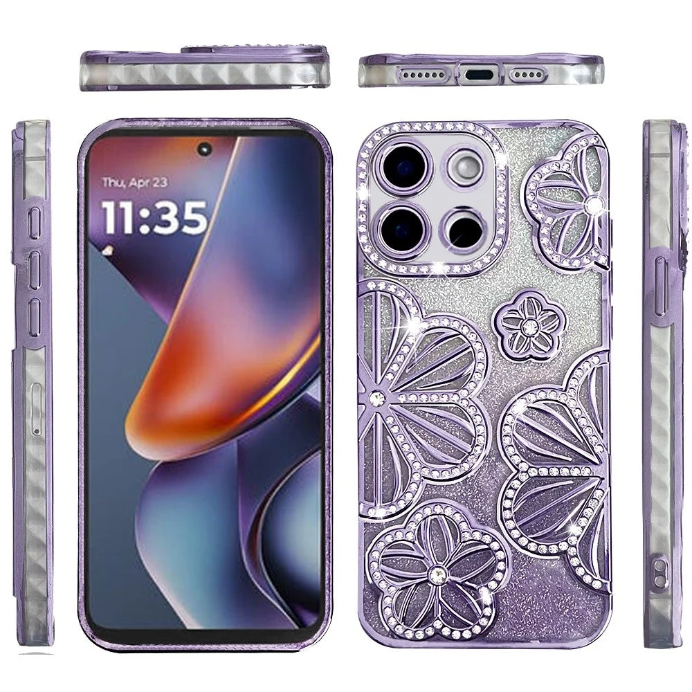 For Motorola Moto G Stylus 5G 2025 Luxury Flower Design Sparkle Glitter Diamond Rhinestone Shimmer Bling Plating Thick TPU Hard PC Cover, XPM Phone Case [Flower Purple]