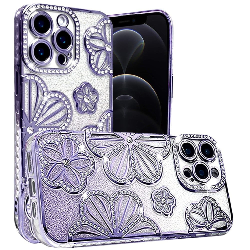 For Motorola Moto G Stylus 5G 2025 Luxury Flower Design Sparkle Glitter Diamond Rhinestone Shimmer Bling Plating Thick TPU Hard PC Cover, XPM Phone Case [Flower Purple]