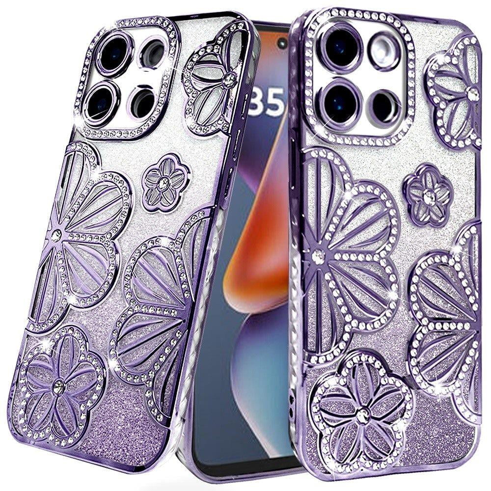 For Motorola Moto G Stylus 5G 2025 Luxury Flower Design Sparkle Glitter Diamond Rhinestone Shimmer Bling Plating Thick TPU Hard PC Cover, XPM Phone Case [Flower Purple]