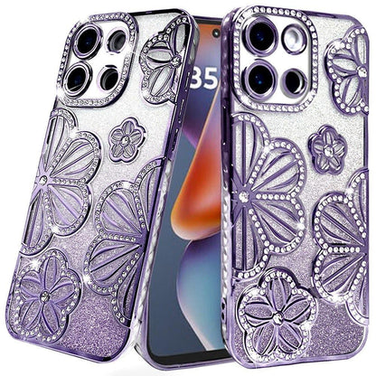 For Motorola Moto G Stylus 5G 2025 Luxury Flower Design Sparkle Glitter Diamond Rhinestone Shimmer Bling Plating Thick TPU Hard PC Cover, XPM Phone Case [Flower Purple]