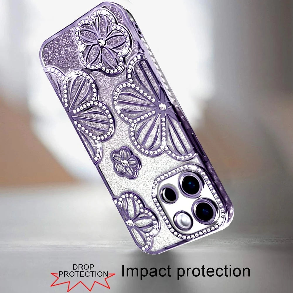 For Motorola Moto G Stylus 5G 2025 Luxury Flower Design Sparkle Glitter Diamond Rhinestone Shimmer Bling Plating Thick TPU Hard PC Cover, XPM Phone Case [Flower Purple]